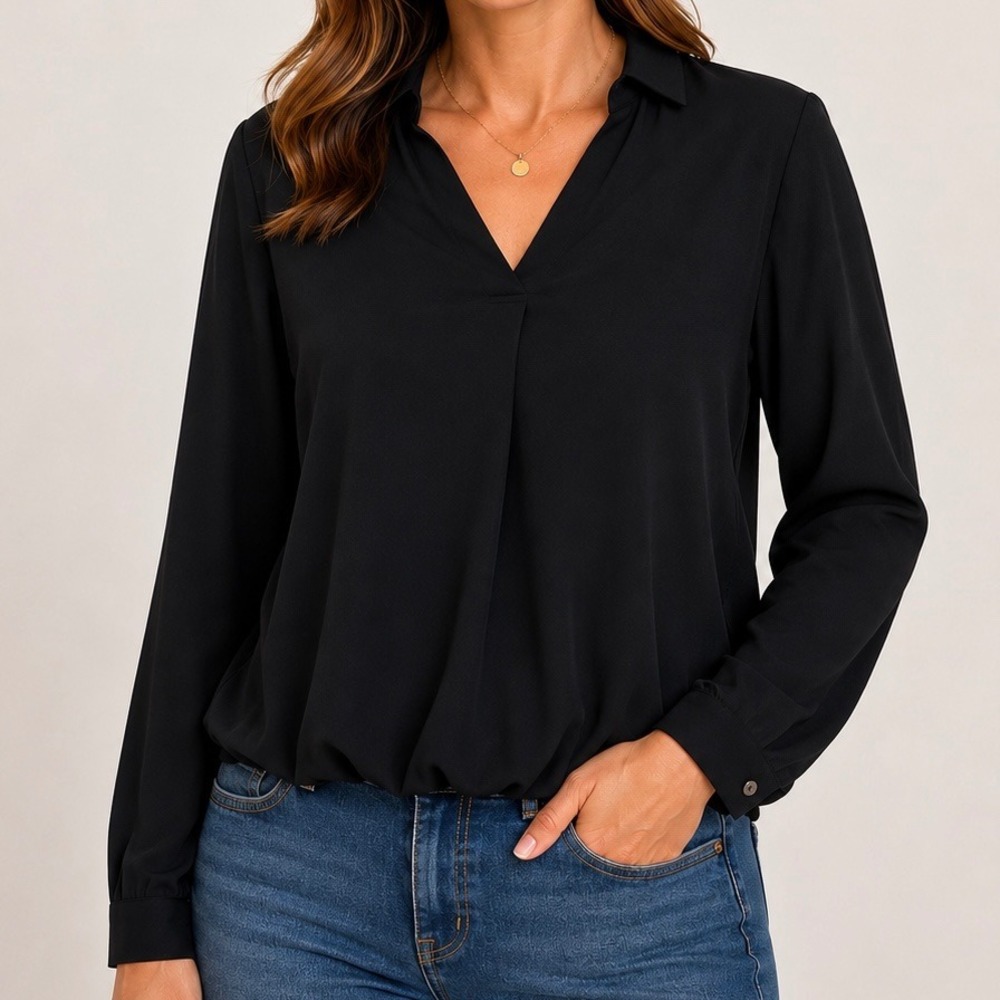 Rive Droite L'ully Black Sheer Blouse Women's Medium Split Neck Bubble Hem